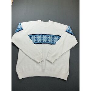 Lamb Knit Sweater Mens 2XL White Blue‎ Fair Isle Ski Crewneck Pullover Snowflake